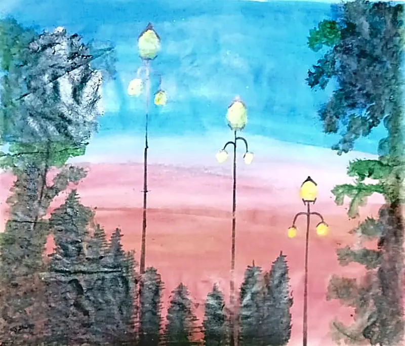 Lamps at Dusk, handmade painting