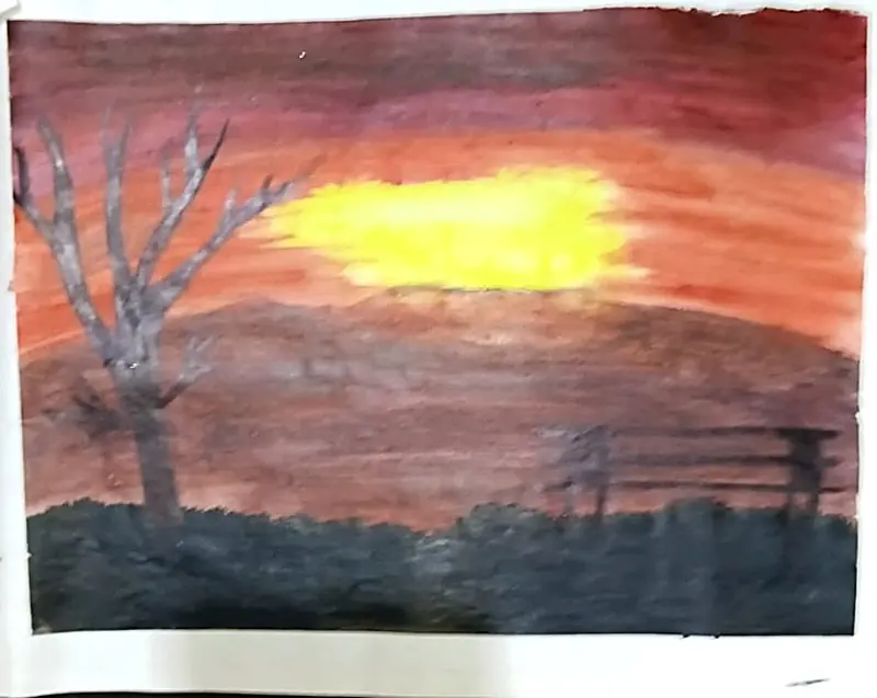 Bare Tree Sunset, handmade painting