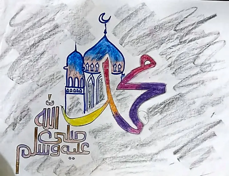 Mosque and Crescent, handmade painting