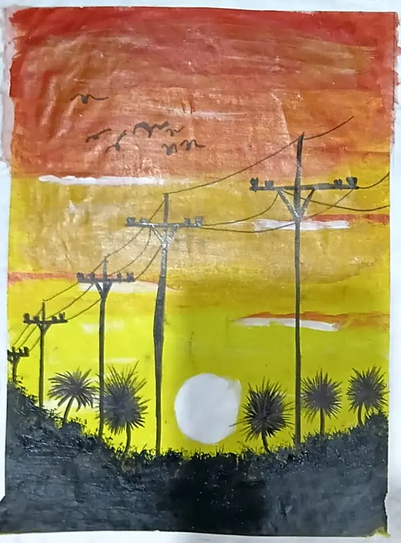 Power Line Sunset, handmade painting